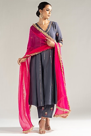 Grey Cotton Embroidered Kalidar Kurta Set by Sareeka H & Mukkta Dograa