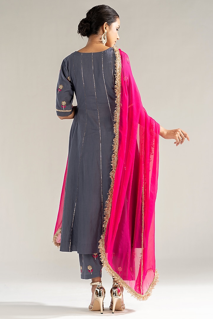 Grey Cotton Embroidered Kalidar Kurta Set by Sareeka H & Mukkta Dograa at Pernia's Pop Up Shop