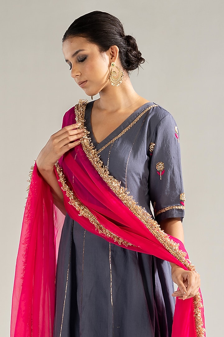 Grey Cotton Embroidered Kalidar Kurta Set by Sareeka H & Mukkta Dograa at Pernia's Pop Up Shop