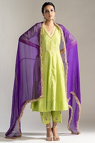 Green Cotton Embroidered Kalidar Kurta Set by Sareeka H & Mukkta Dograa