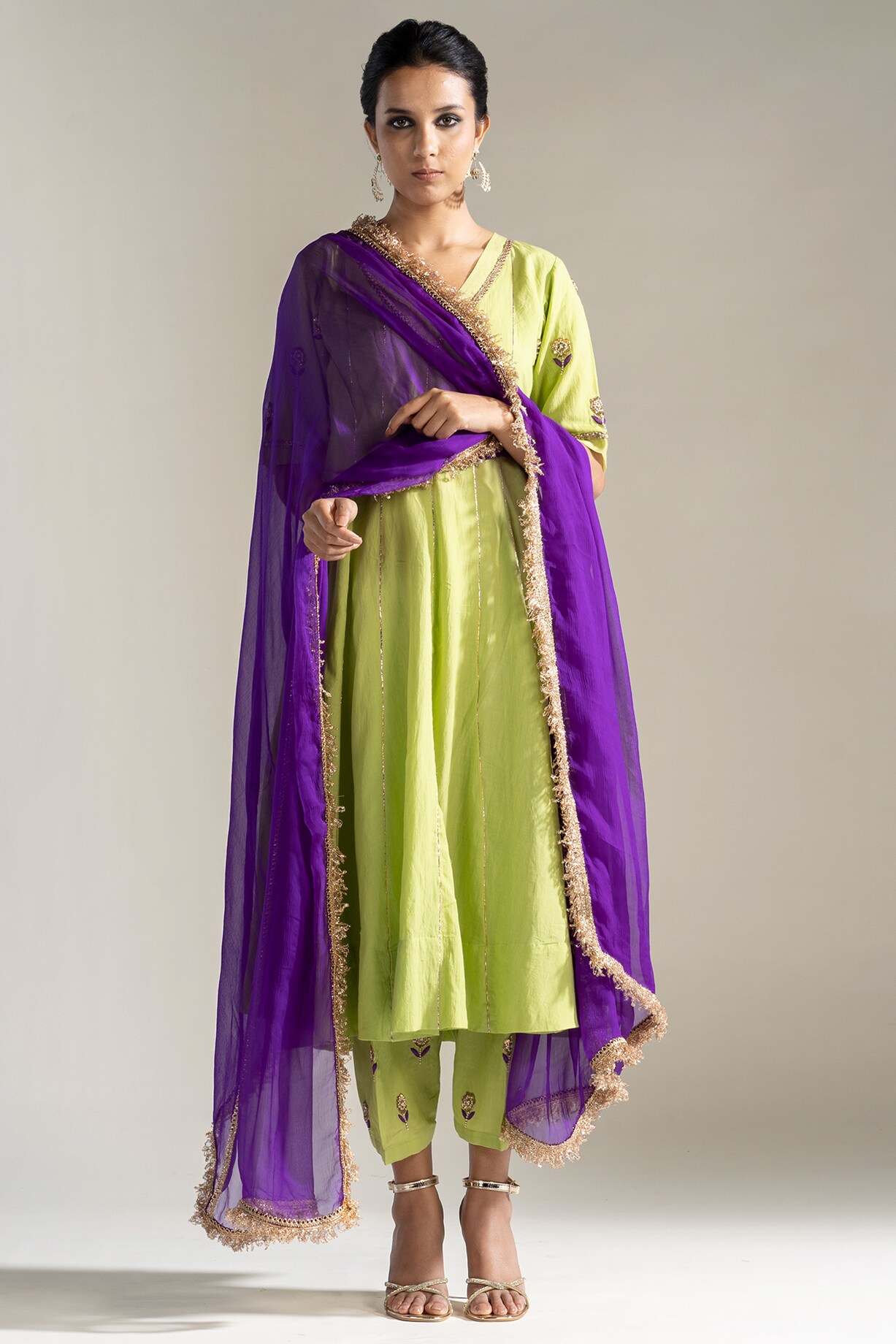 Pehnava Kalidar dark purple ikat kurta with mehandi green handloom trims (Pant Optional)