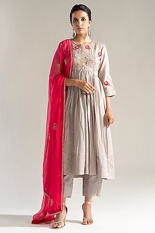 Beige Grey Mul Silk Embroidered Kurta Set by Sareeka H & Mukkta Dograa