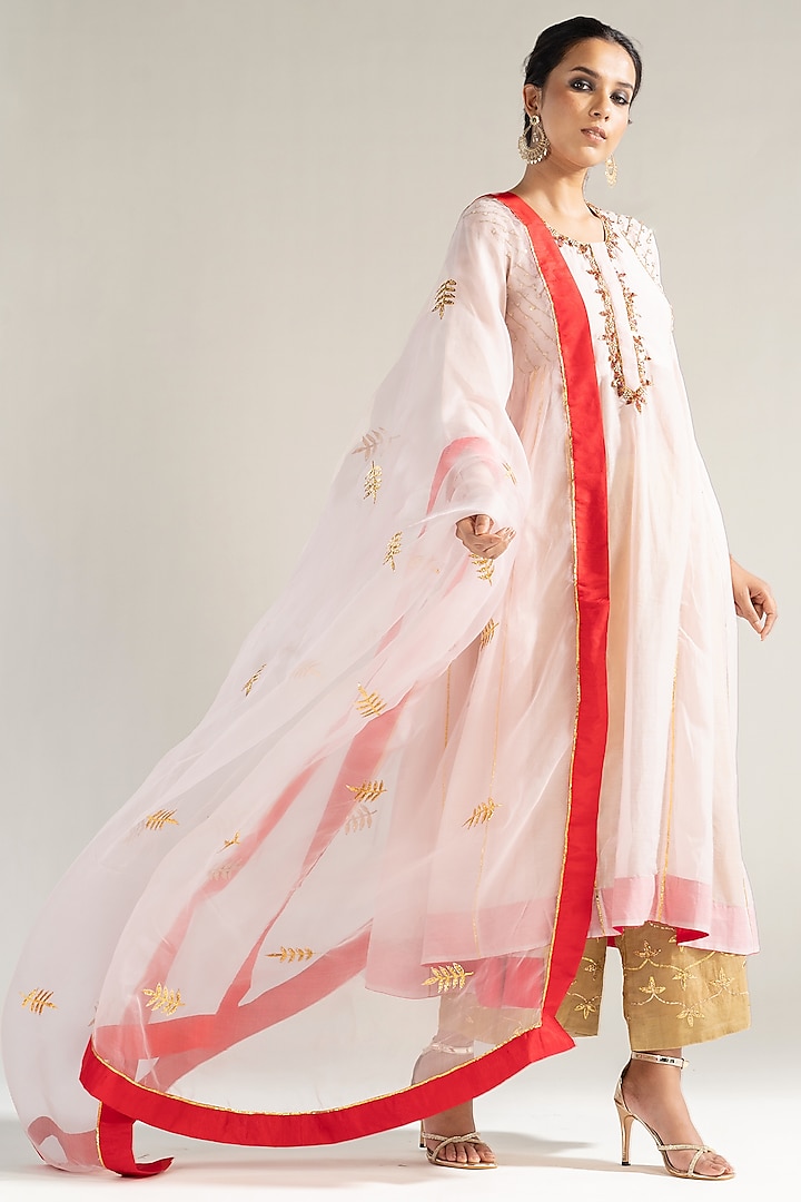 Pale Pink Mul Silk Embroidered Kalidar Kurta Set by Sareeka H & Mukkta Dograa