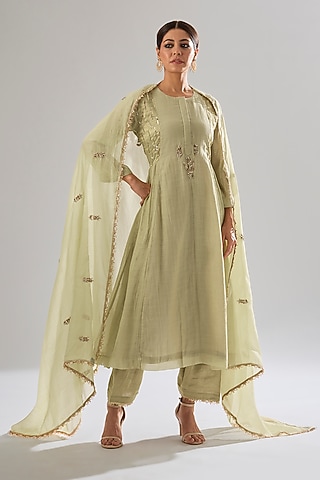 Sage Green Chanderi Hand Embroidered Kurta Set by Sareeka H & Mukkta Dograa