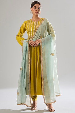 Mustard Cotton Gota Work Anarkali Set by Sareeka H & Mukkta Dograa