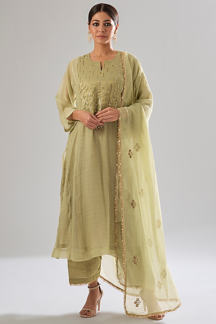 Sage Green Chanderi Hand Embroidered Kurta Set by Sareeka H & Mukkta Dograa at Pernia's Pop Up Shop