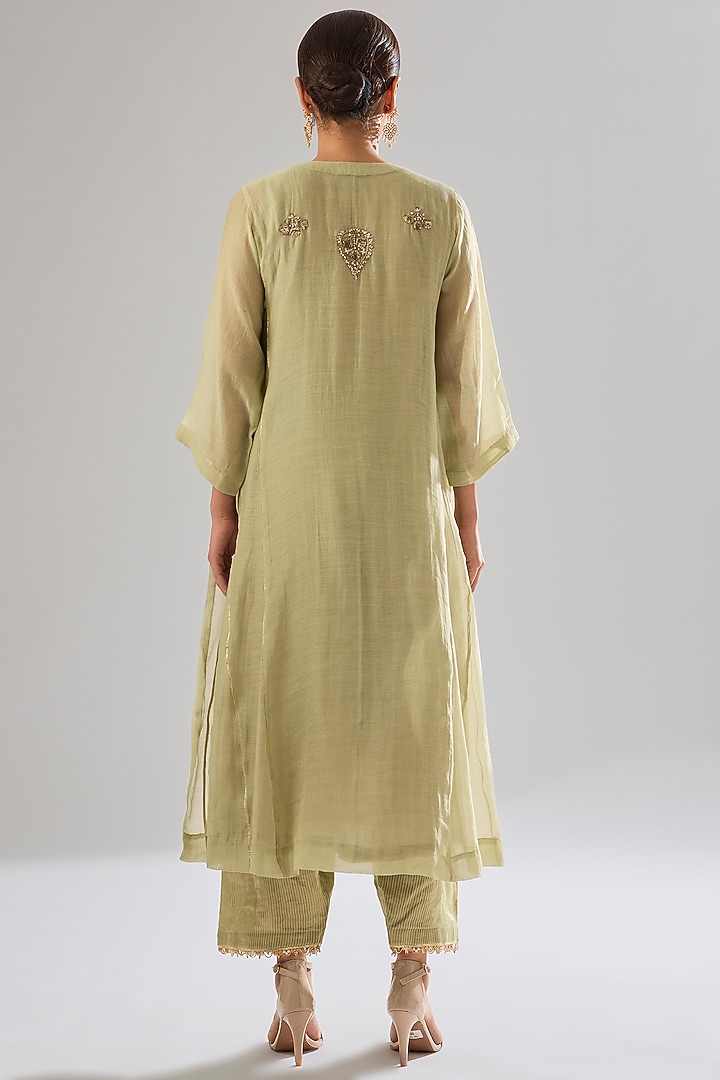 Sage Green Chanderi Hand Embroidered Kurta Set by Sareeka H & Mukkta Dograa at Pernia's Pop Up Shop
