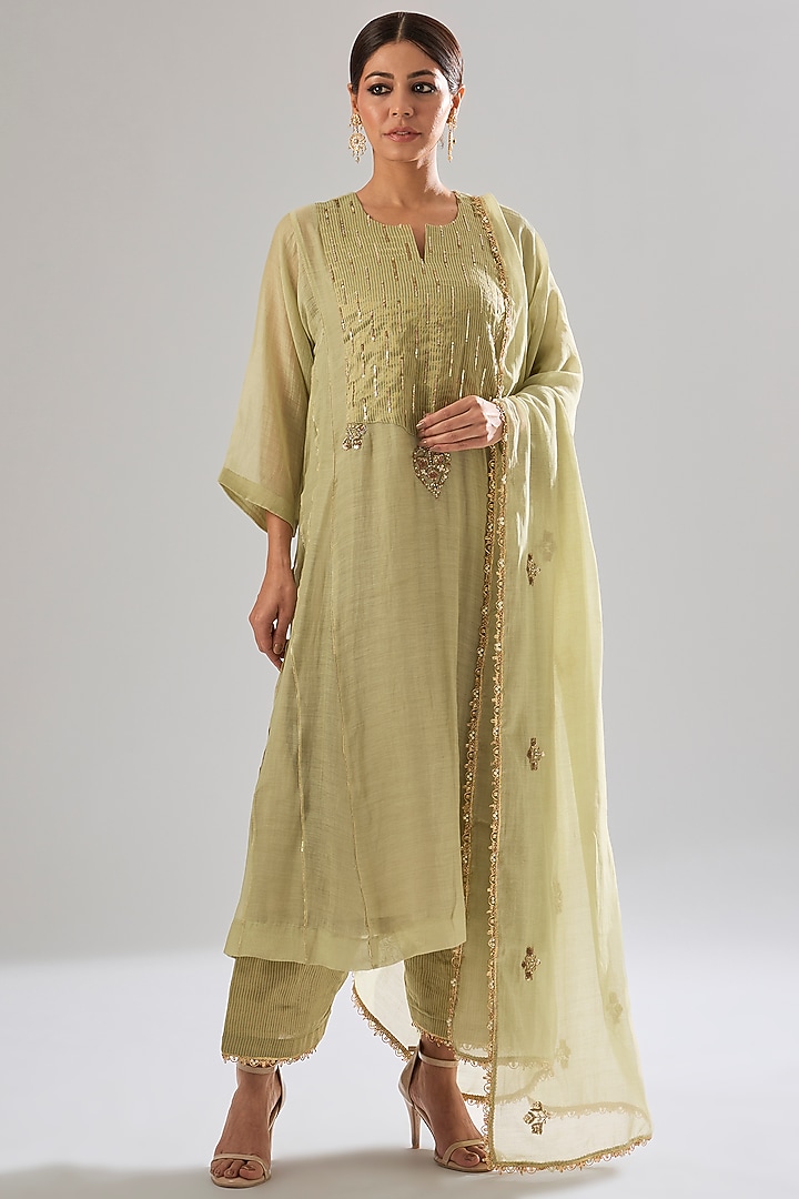 Sage Green Chanderi Hand Embroidered Kurta Set by Sareeka H & Mukkta Dograa at Pernia's Pop Up Shop