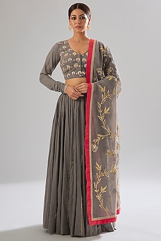 Grey Cotton Sequin & Pearl Embroidered Lehenga Set by Sareeka H & Mukkta Dograa