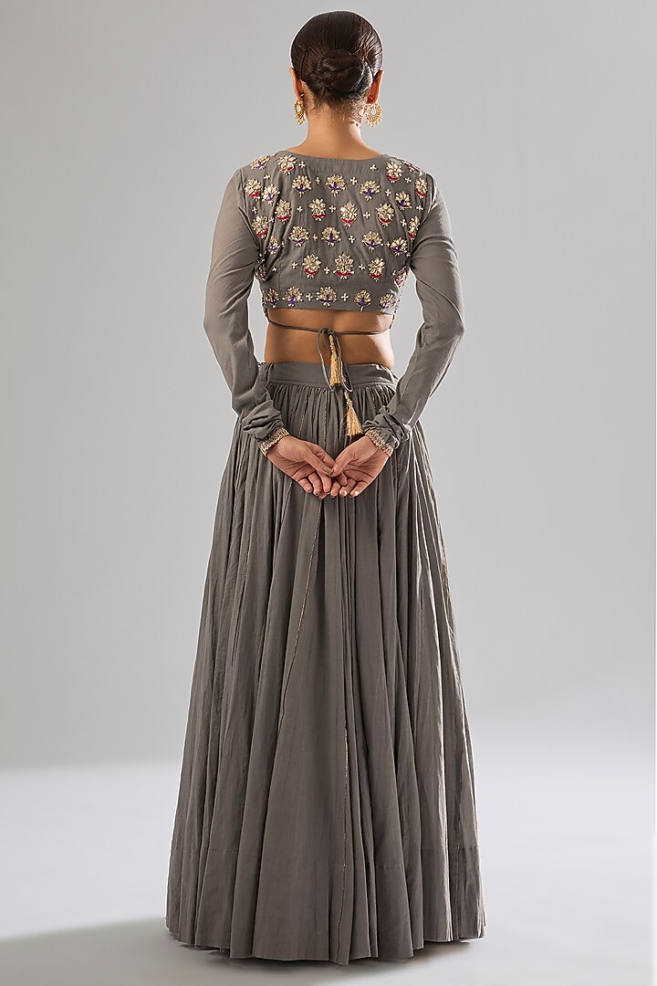 Grey Cotton Sequin & Pearl Embroidered Wedding Lehenga Set by Sareeka H & Mukkta Dograa at Pernia's Pop Up Shop