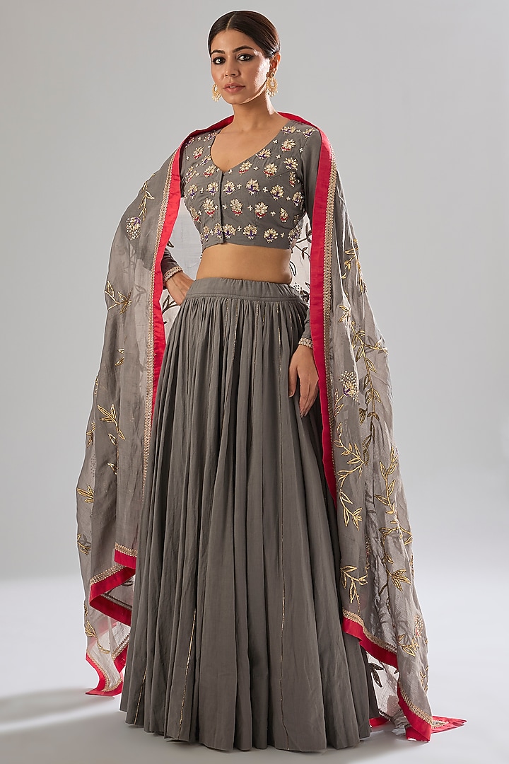 Grey Cotton Sequin & Pearl Embroidered Wedding Lehenga Set by Sareeka H & Mukkta Dograa at Pernia's Pop Up Shop