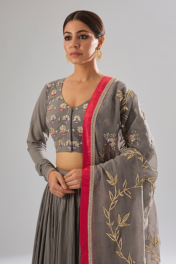 Grey Cotton Sequin & Pearl Embroidered Wedding Lehenga Set by Sareeka H & Mukkta Dograa at Pernia's Pop Up Shop