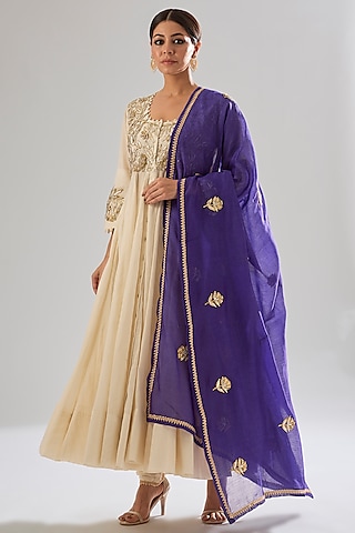 Off-White Cotton Sequin & Pearl Embroidered Anarkali Set by Sareeka H & Mukkta Dograa