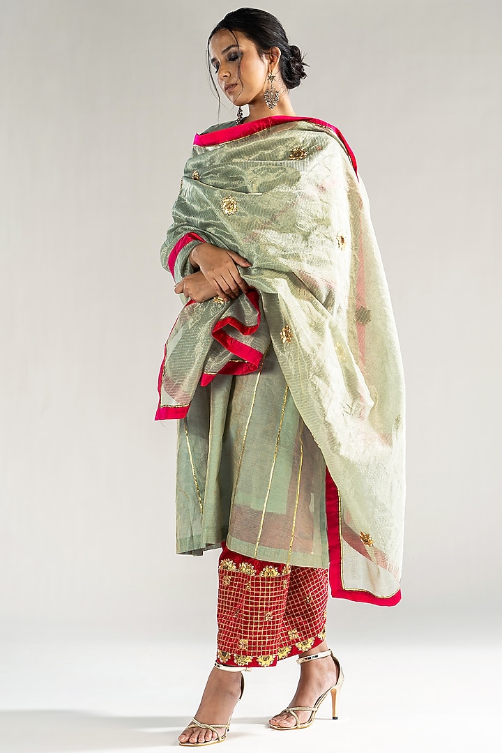 Mint Chanderi Tissue Gota & Pearl Embroidered Kalidar Kurta Set by Sareeka H & Mukkta Dograa at Pernia's Pop Up Shop
