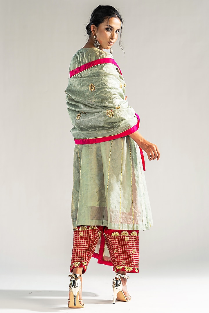 Mint Chanderi Tissue Gota & Pearl Embroidered Kalidar Kurta Set by Sareeka H & Mukkta Dograa at Pernia's Pop Up Shop