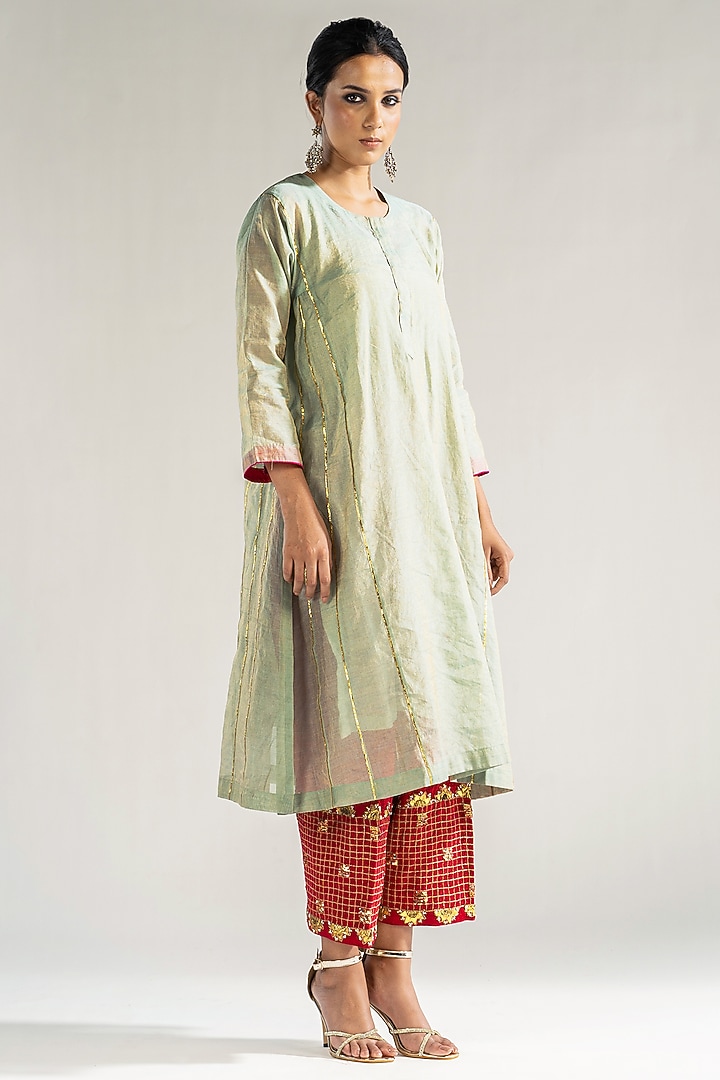 Mint Chanderi Tissue Gota & Pearl Embroidered Kalidar Kurta Set by Sareeka H & Mukkta Dograa at Pernia's Pop Up Shop