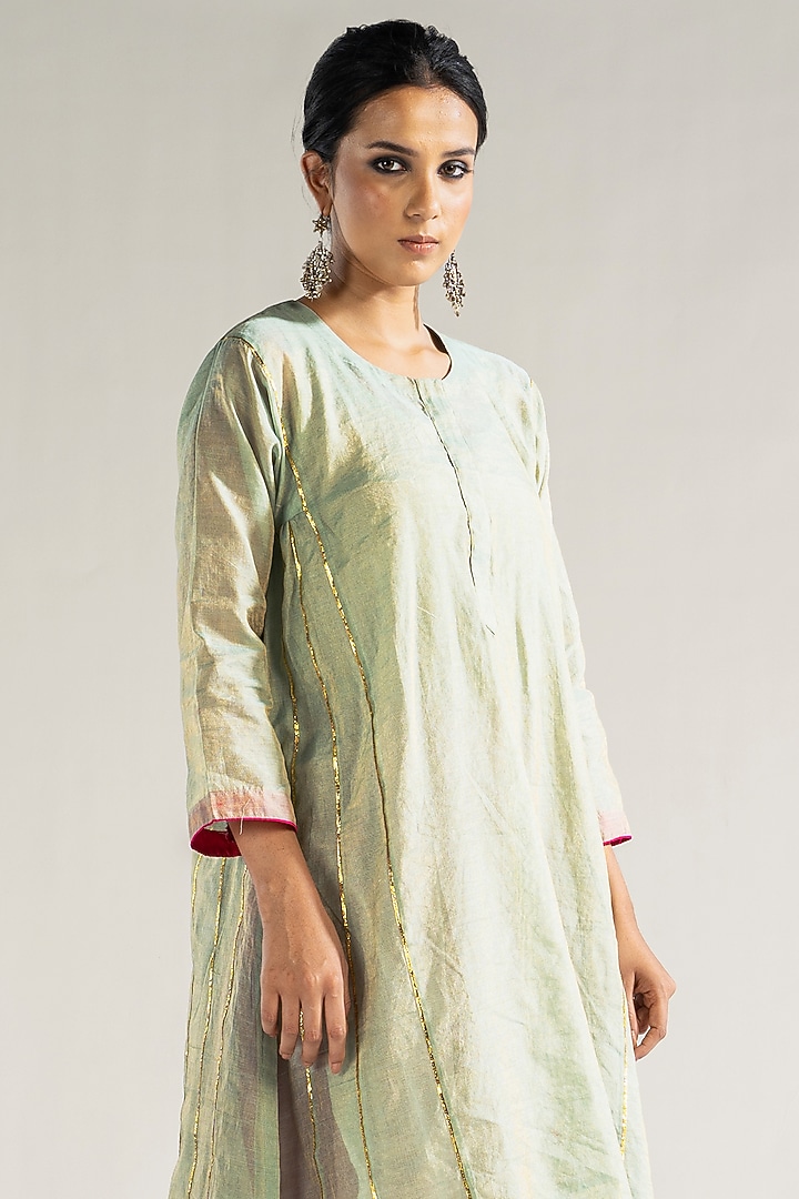 Mint Chanderi Tissue Gota & Pearl Embroidered Kalidar Kurta Set by Sareeka H & Mukkta Dograa at Pernia's Pop Up Shop