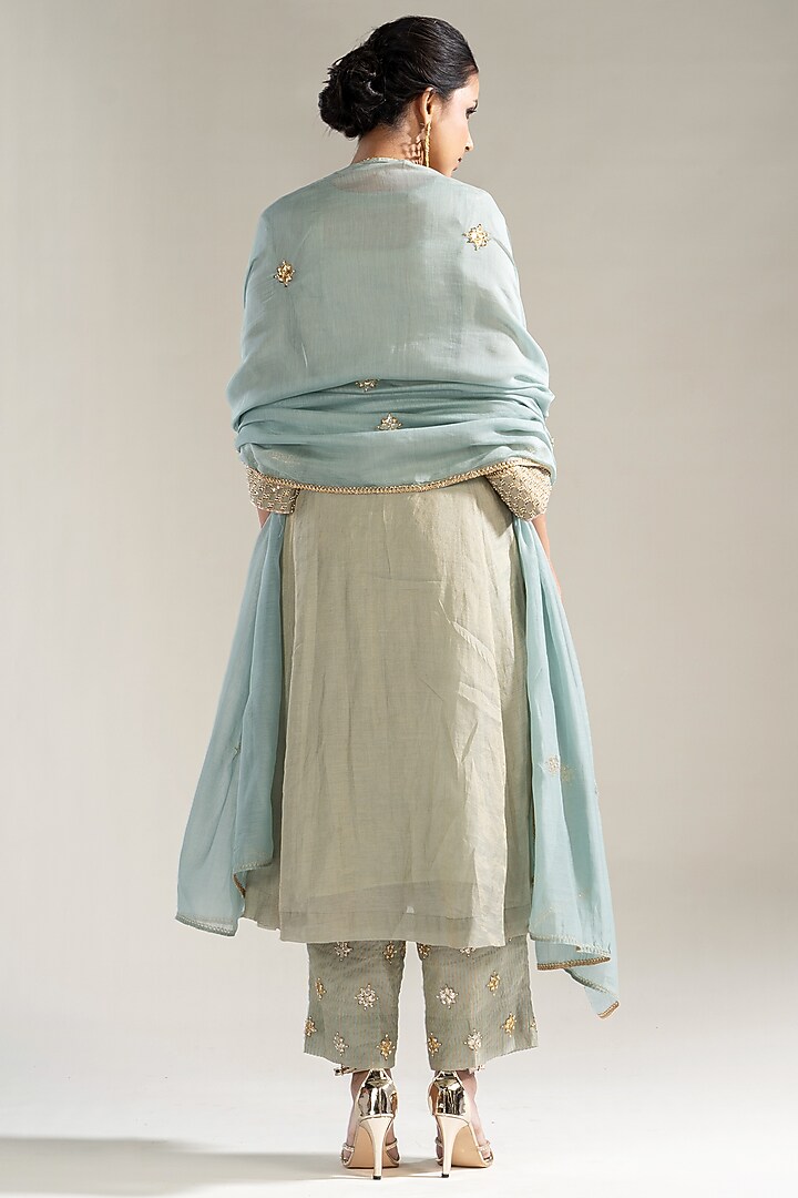 Powder Blue Chanderi Tissue Gota & Pearl Embroidered Kurta Set by Sareeka H & Mukkta Dograa at Pernia's Pop Up Shop