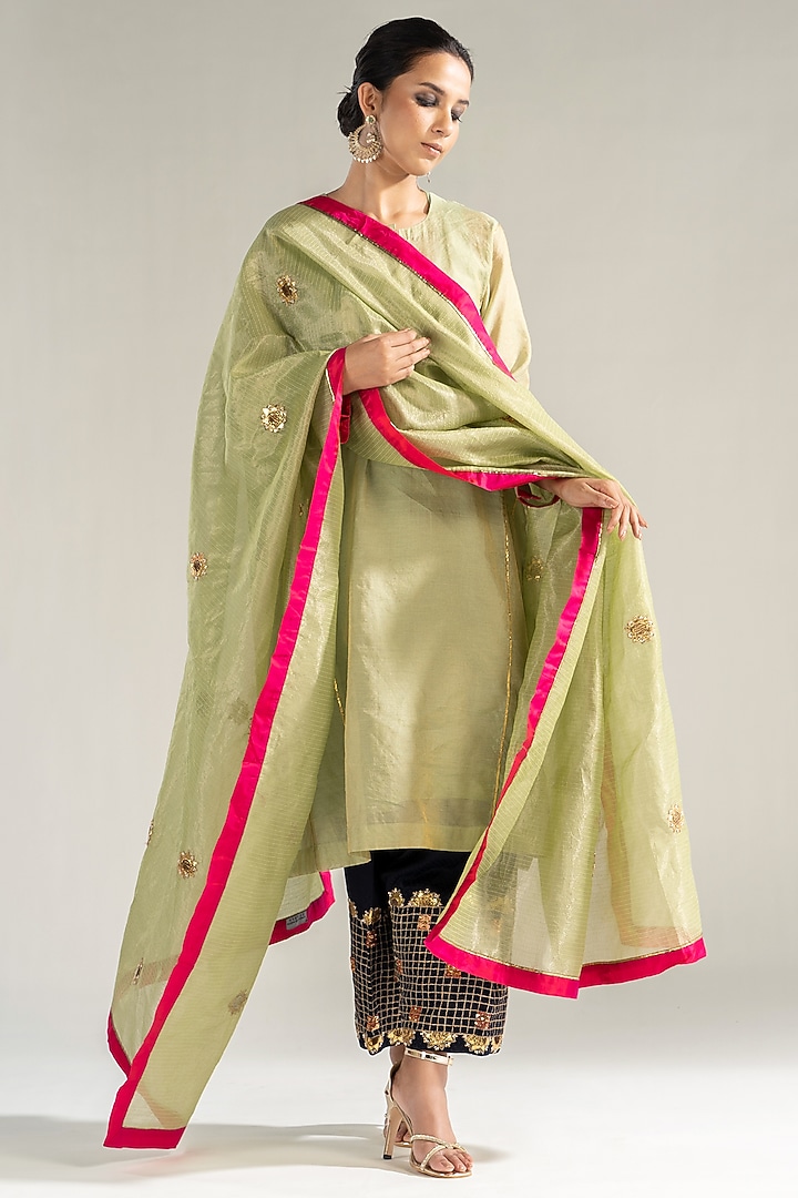 Pista Green Chanderi Tissue Gota & Pearl Embroidered Kalidar Kurta Set by Sareeka H & Mukkta Dograa at Pernia's Pop Up Shop