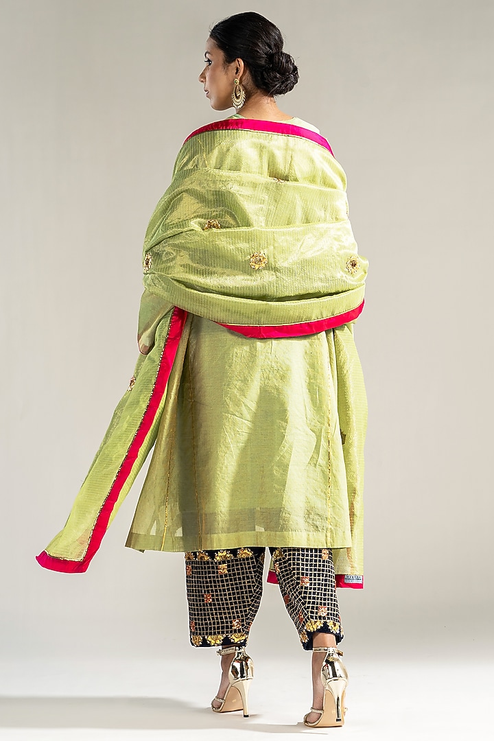 Pista Green Chanderi Tissue Gota & Pearl Embroidered Kalidar Kurta Set by Sareeka H & Mukkta Dograa at Pernia's Pop Up Shop