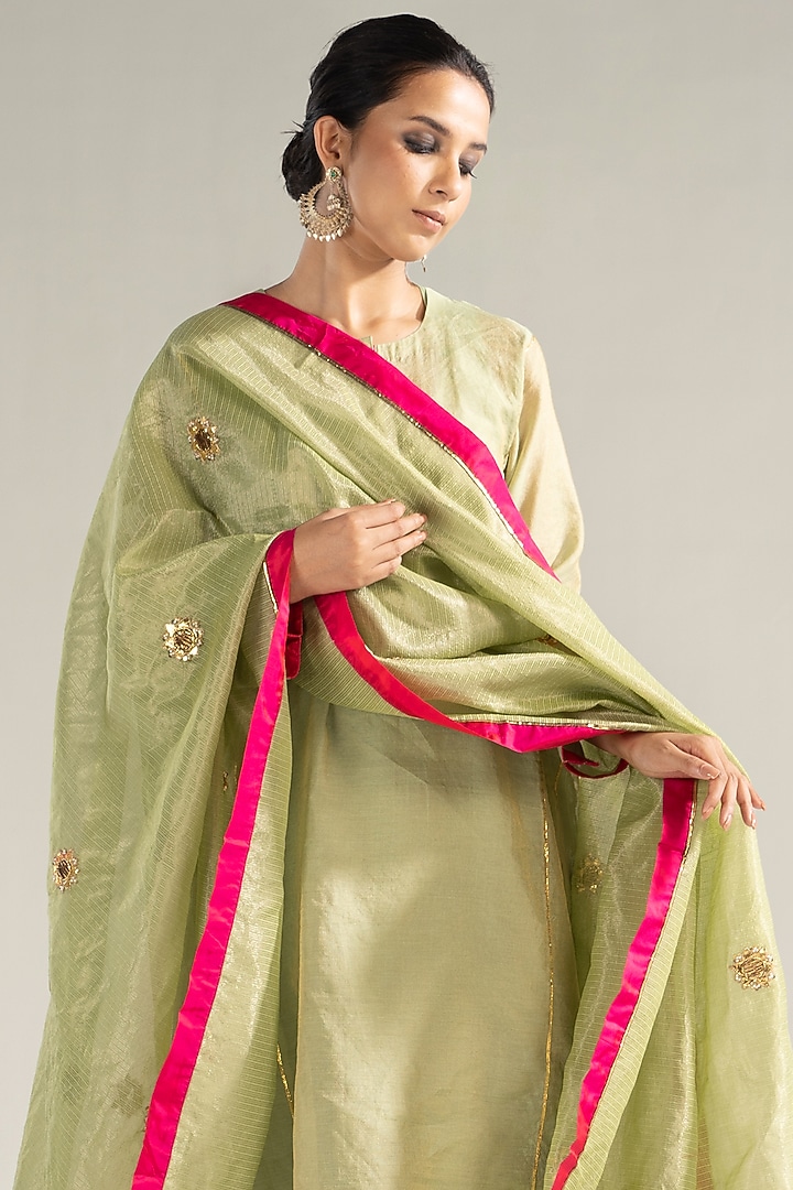 Pista Green Chanderi Tissue Gota & Pearl Embroidered Kalidar Kurta Set by Sareeka H & Mukkta Dograa at Pernia's Pop Up Shop