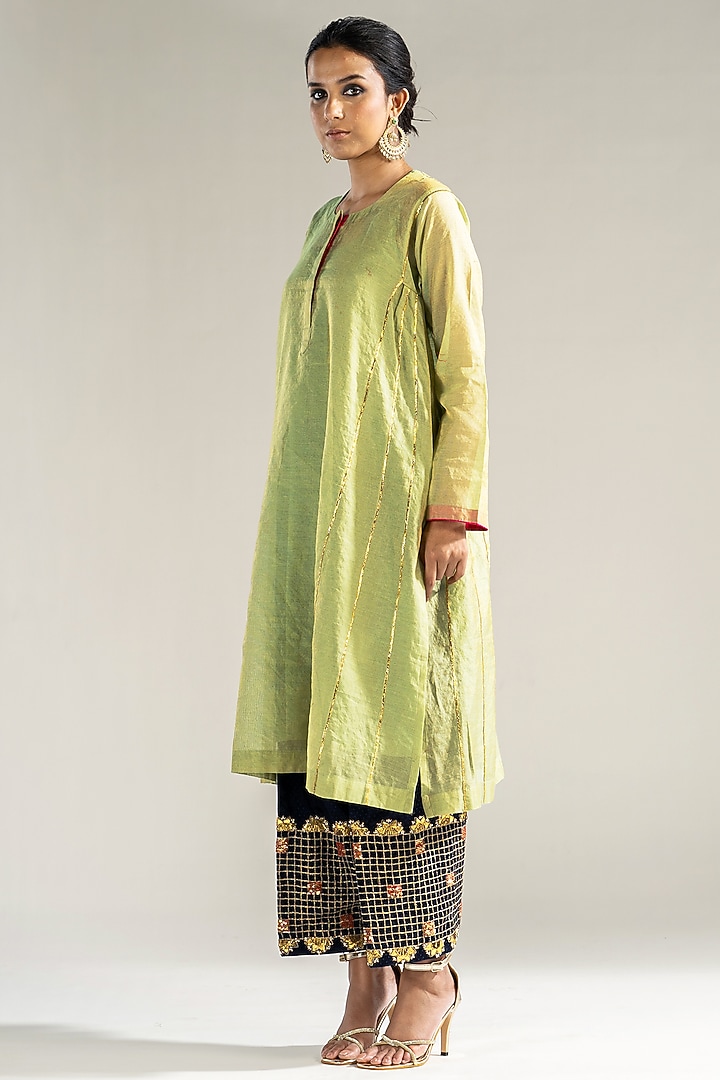 Pista Green Chanderi Tissue Gota & Pearl Embroidered Kalidar Kurta Set by Sareeka H & Mukkta Dograa at Pernia's Pop Up Shop