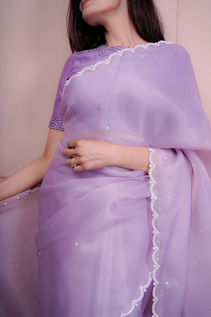 Purple Organza Embroidered Wedding Saree Set by Srota By Srishti Aggarwal at Pernia's Pop Up Shop