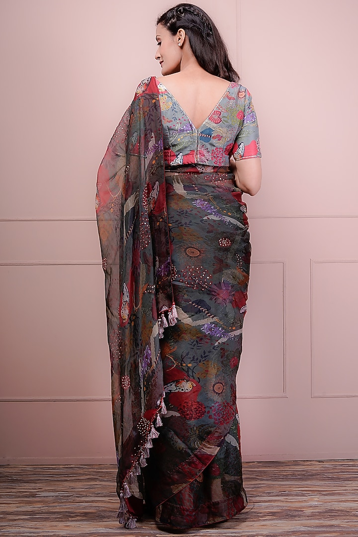 Sage Green Organza Floral Printed Wedding Saree Set by Srota By Srishti Aggarwal at Pernia's Pop Up Shop