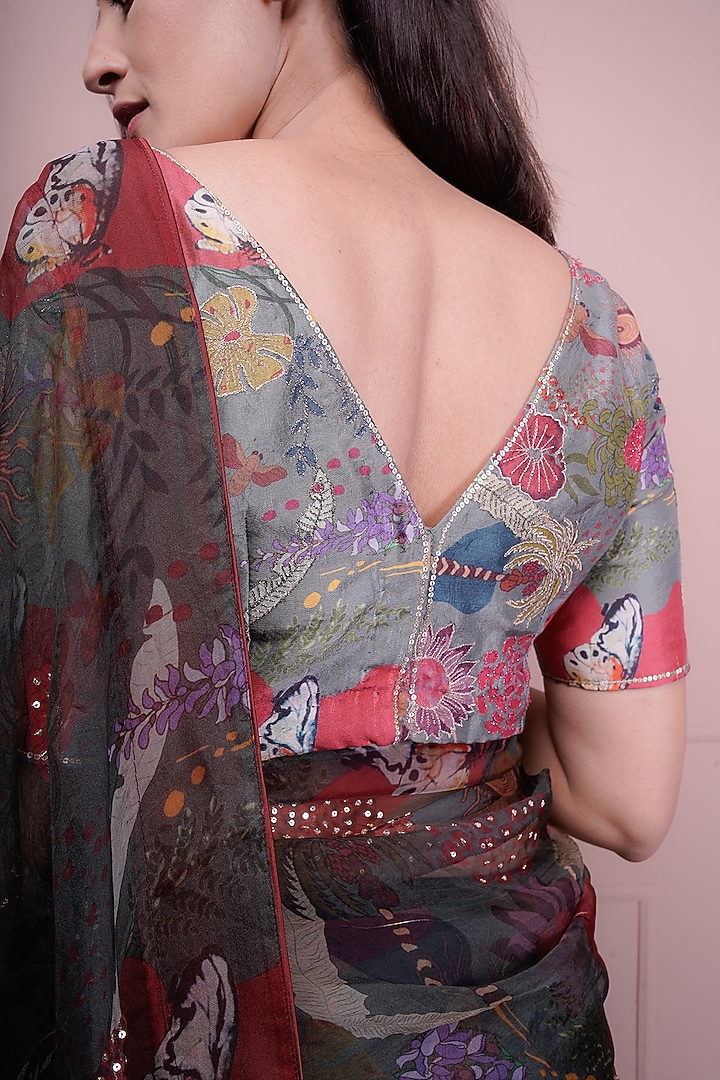 Sage Green Organza Floral Printed Wedding Saree Set by Srota By Srishti Aggarwal at Pernia's Pop Up Shop