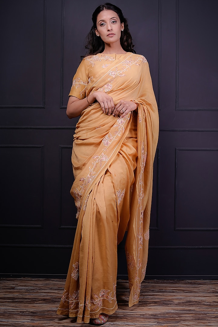 Yellow Chanderi Pearl Embroidered Saree Set by Srota By Srishti Aggarwal