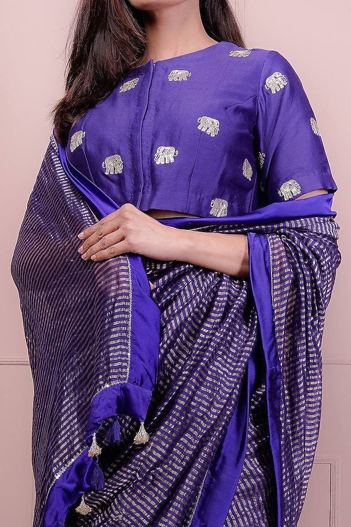 Purple Chanderi & Satin Wedding Saree Set by Srota By Srishti Aggarwal at Pernia's Pop Up Shop