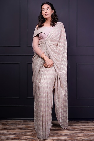 Mauve Wrinkled & Lycra Saree Set by Srota By Srishti Aggarwal