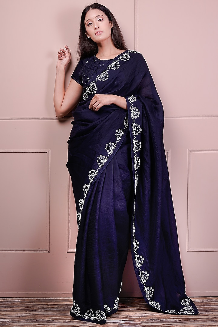Blue Raw Silk & Organza Embroidered Saree Set by Srota By Srishti Aggarwal