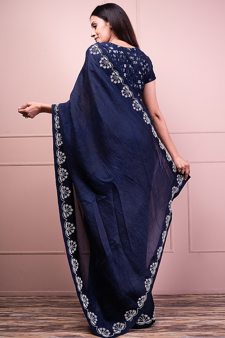 Blue Raw Silk & Organza Embroidered Wedding Saree Set by Srota By Srishti Aggarwal at Pernia's Pop Up Shop