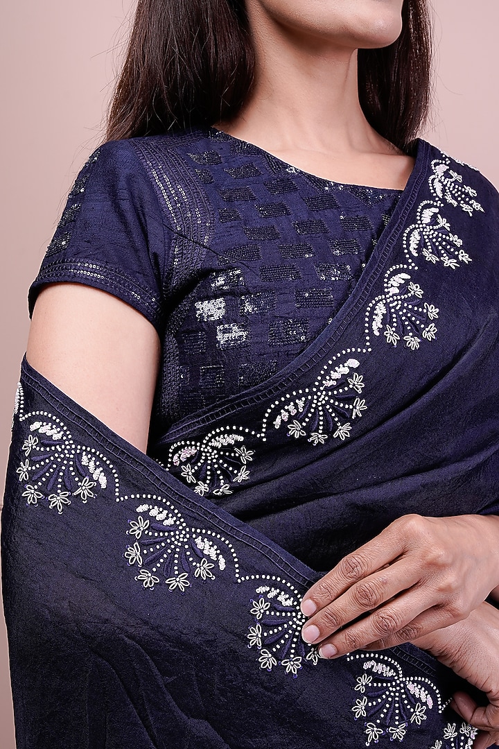 Blue Raw Silk & Organza Embroidered Wedding Saree Set by Srota By Srishti Aggarwal at Pernia's Pop Up Shop