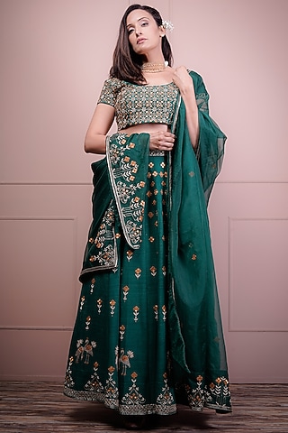 Green Raw Silk & Organza Embroidered Lehenga Set by Srota By Srishti Aggarwal