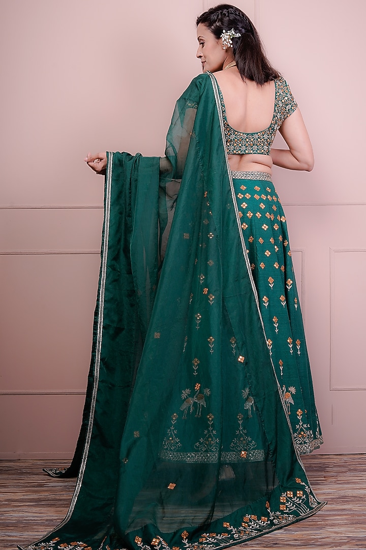 Green Raw Silk & Organza Embroidered Wedding Lehenga Set by Srota By Srishti Aggarwal at Pernia's Pop Up Shop