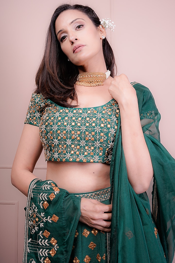 Green Raw Silk & Organza Embroidered Wedding Lehenga Set by Srota By Srishti Aggarwal at Pernia's Pop Up Shop