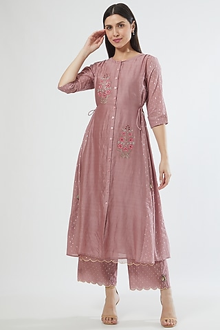 Powder Pink Chanderi Kurta Set by Srota By Srishti Aggarwal