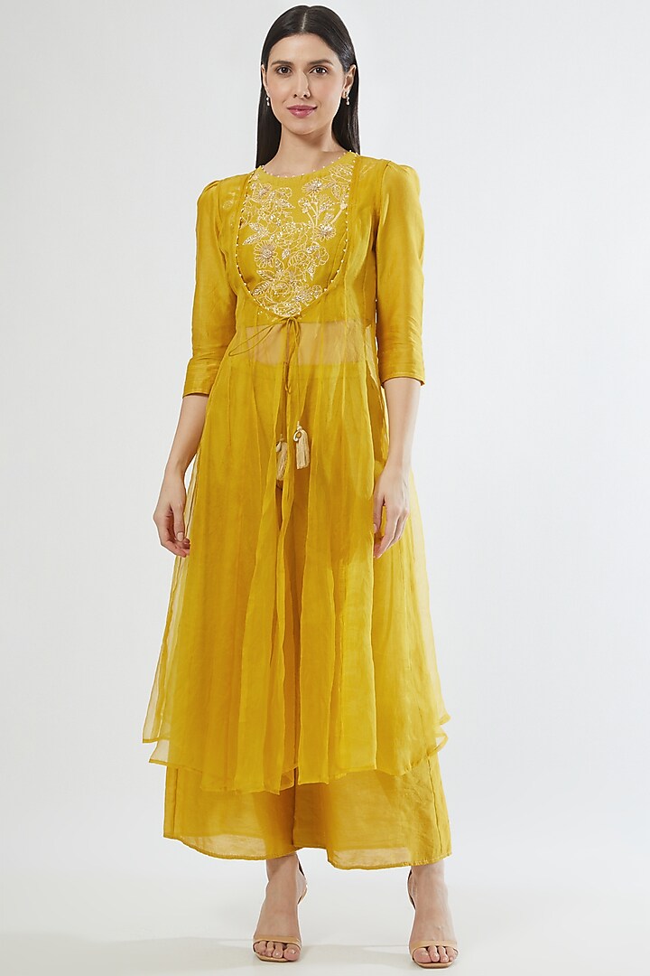 Earthy Yellow Embroidered Jacket Set by Srota By Srishti Aggarwal