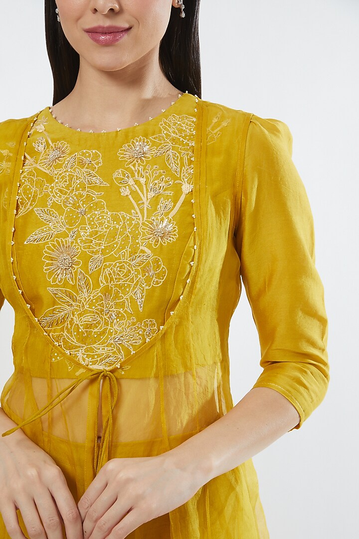 Earthy Yellow Embroidered Jacket Set by Srota By Srishti Aggarwal at Pernia's Pop Up Shop