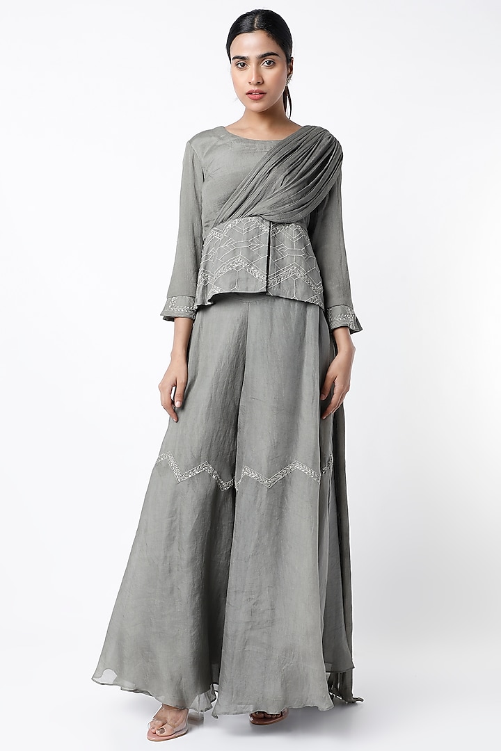 Frost Grey Organza Palazzo Pant Set by Srota By Srishti Aggarwal at Pernia's Pop Up Shop