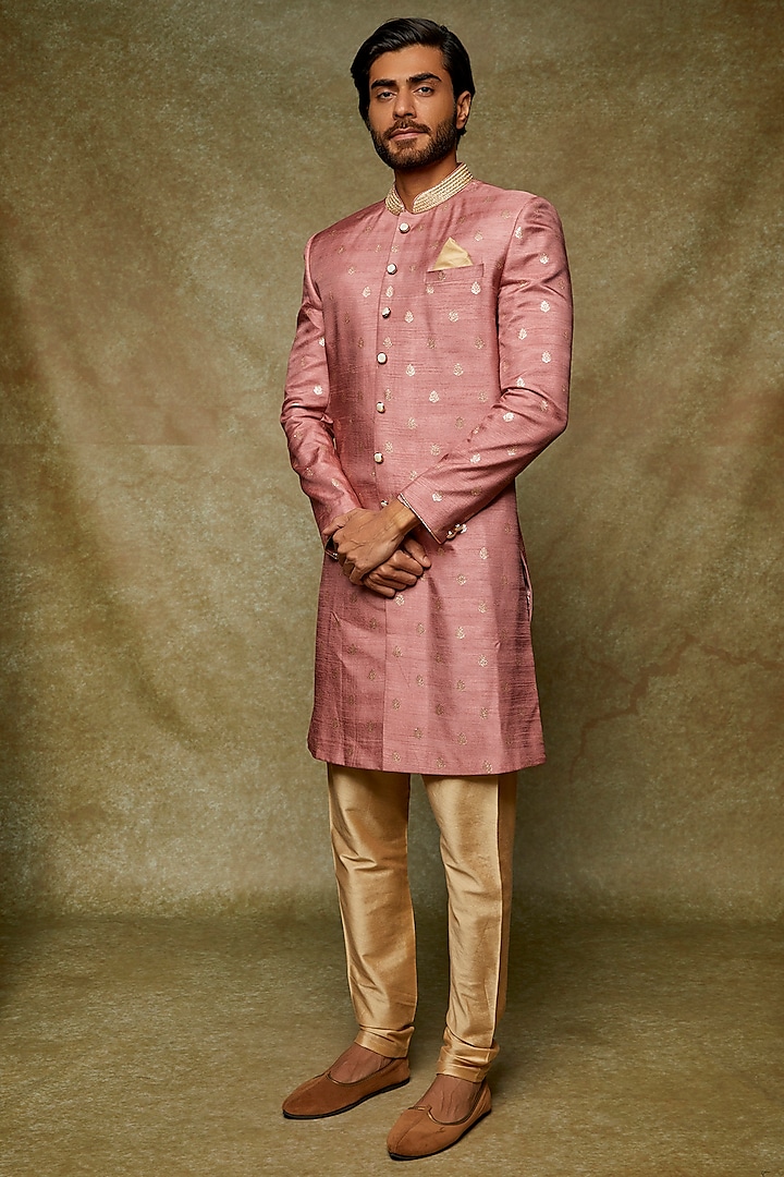 Rose Pink Silk Embroidered Sherwani Set With Pocket Square by Seirra Thakur