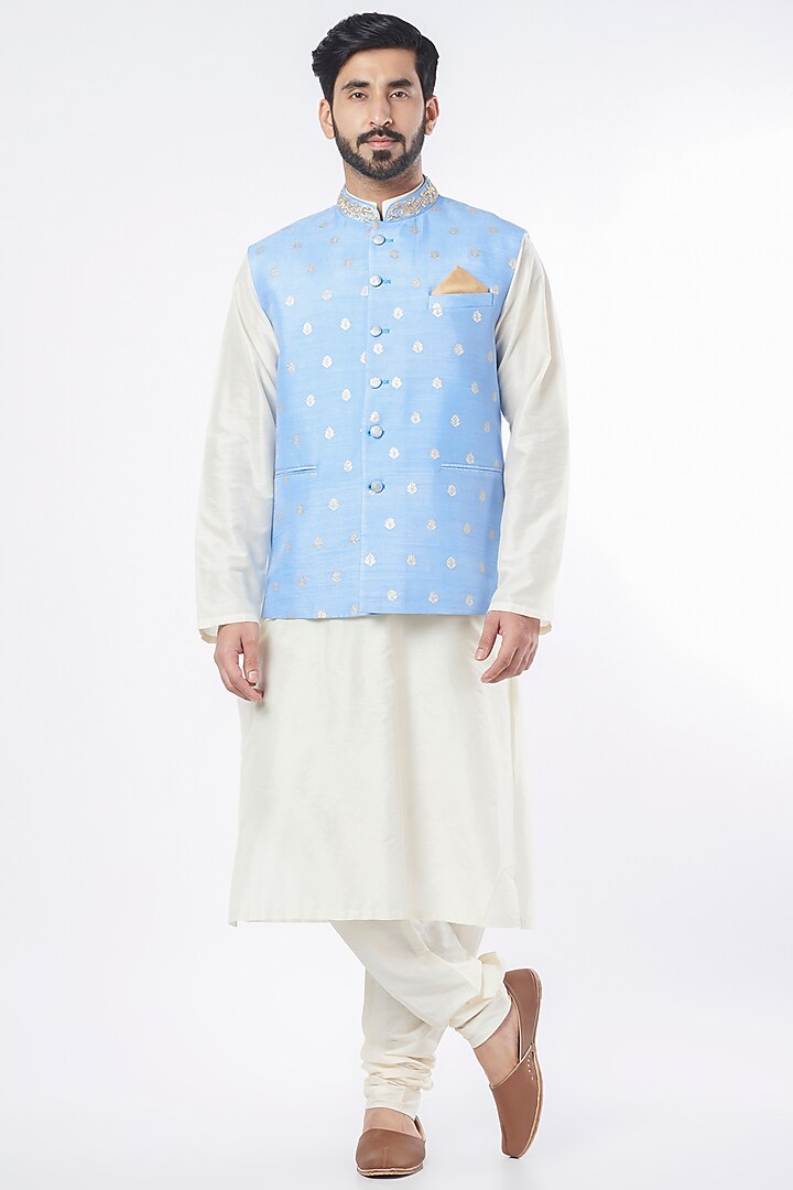 Powder Blue Silk Zardosi Embroidered Bundi Jacket by Seirra Thakur at Pernia's Pop Up Shop