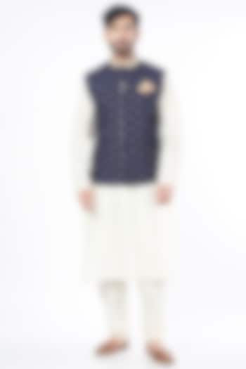 Navy Blue Silk Geometric Applique Embroidered Bundi Jacket by Seirra Thakur