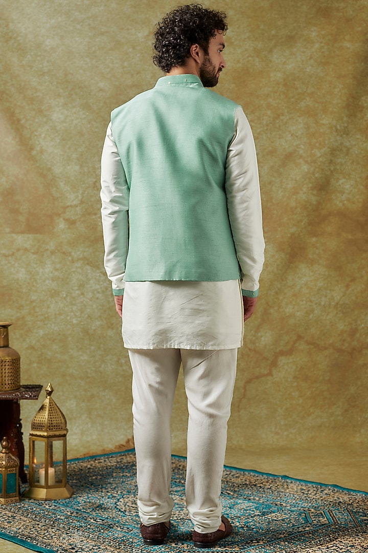 Green Dupion Silk Tikki Embroidered Bundi Jacket Set by Seirra Thakur at Pernia's Pop Up Shop