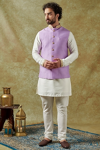 Purple Dupion Silk Applique Embroidered Bundi Jacket Set by Seirra Thakur