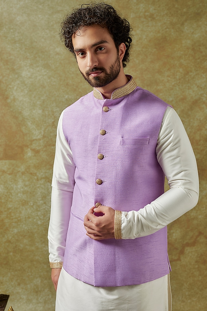 Purple Dupion Silk Applique Embroidered Bundi Jacket Set by Seirra Thakur at Pernia's Pop Up Shop