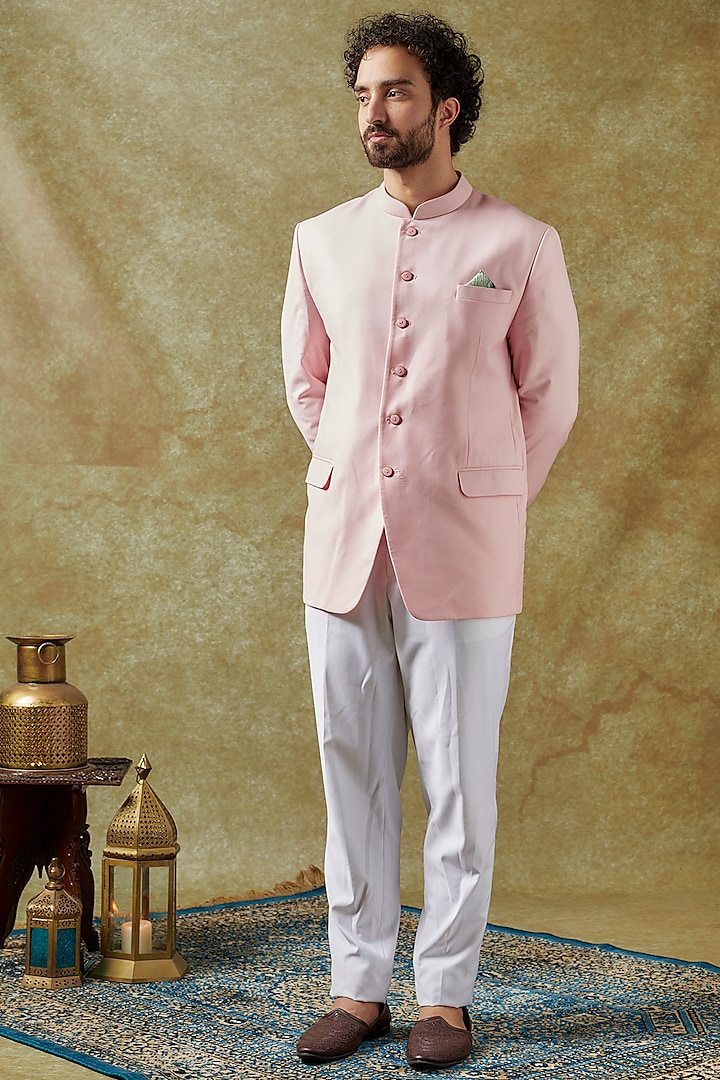 Light Pink Suiting Bandhgala Set by Seirra Thakur