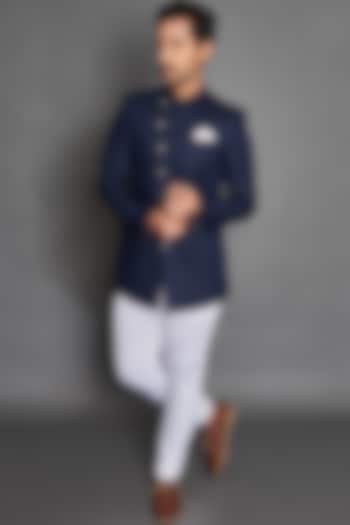 Navy Blue Linen & Suiting Bandhgala Set by Seirra Thakur